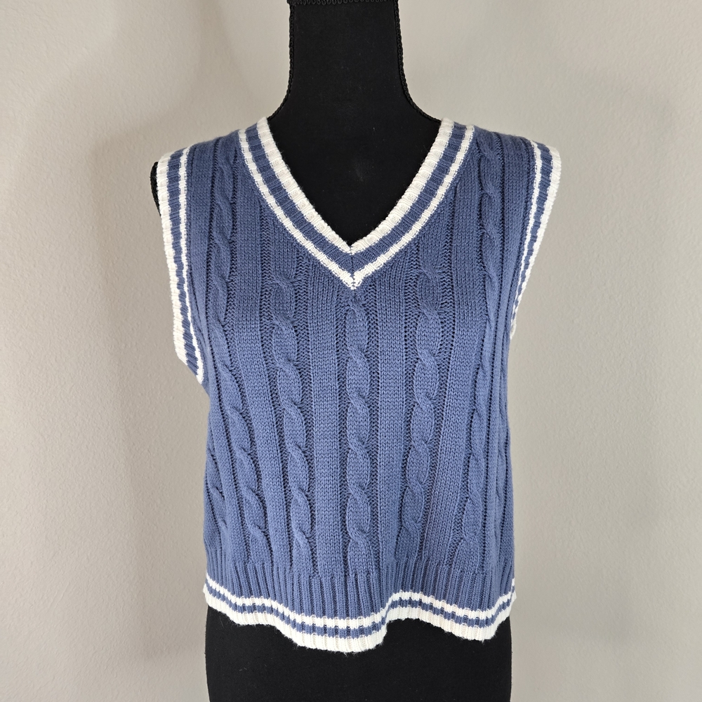 Blue Cable Knit Sleeveless Sweater